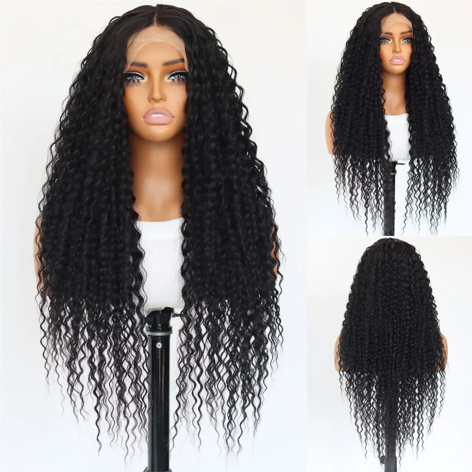 long Black Curly Synthetic Lace Front Wigs Natural Black Loose Curly 13×4 Lace Front Wigs Pre Plucked Natural Hairline Wig