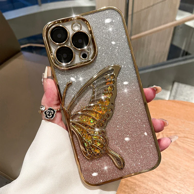 Yzniyzce Glitter Cover per iPhone 16 con Cordino, Custodia con Laccio Collana Ondulata Telaio Silicone Trasparente Case con Motivo Farfalla Antiurto Protettiva per Ragazze Donne, Viola