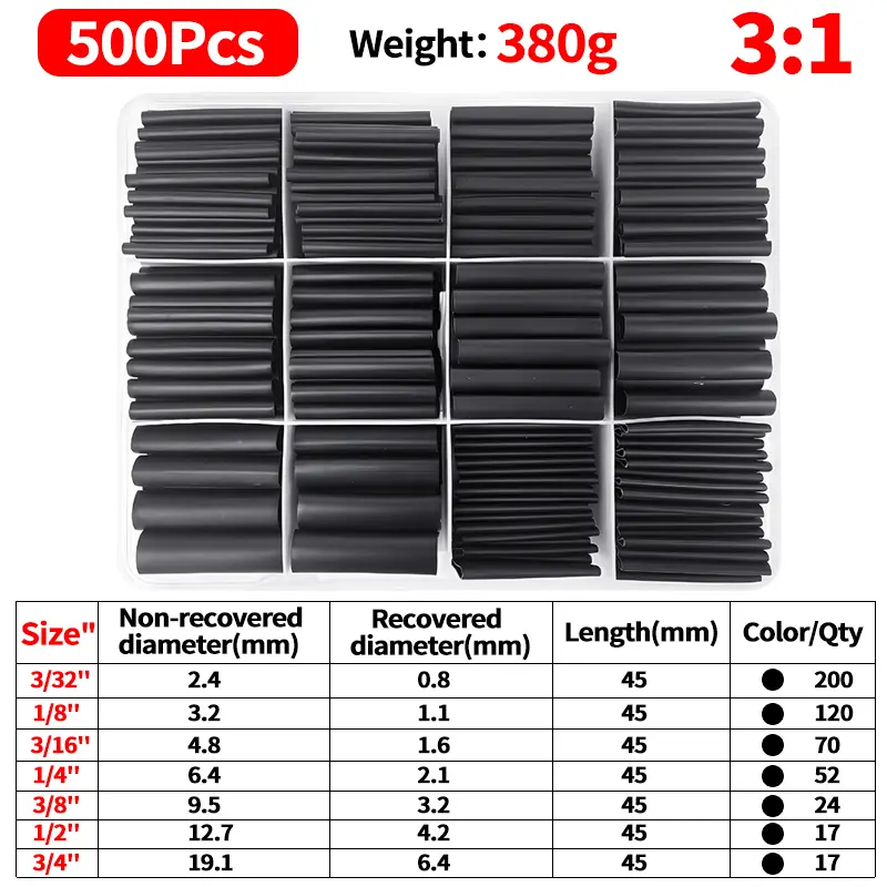 180-500PCS 3:1 Adhesive Heat Shrink Tubing Kit Polyolefin Wire Cable Sleeve Waterproof Insulation Assorted Pre Cut Tubes image 8
