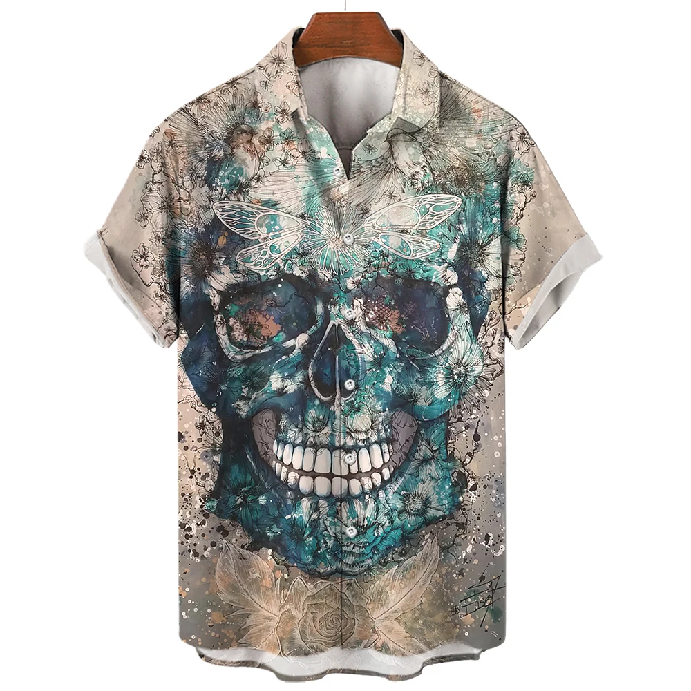 2023 Hawaiian Men's 3D Printed Shirt Summer Skull Head Retro 5xl Large Casual Short Sleeved Dress for Comfort and Breathability