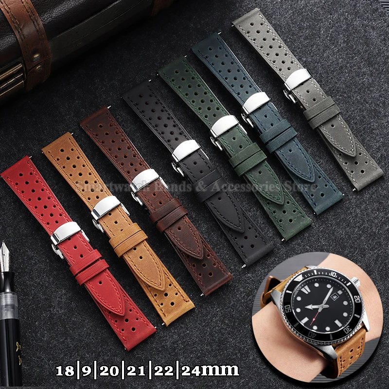 Vintage Leather Watch Strap - Universal Breathable Bracelet with Folding Buckle
