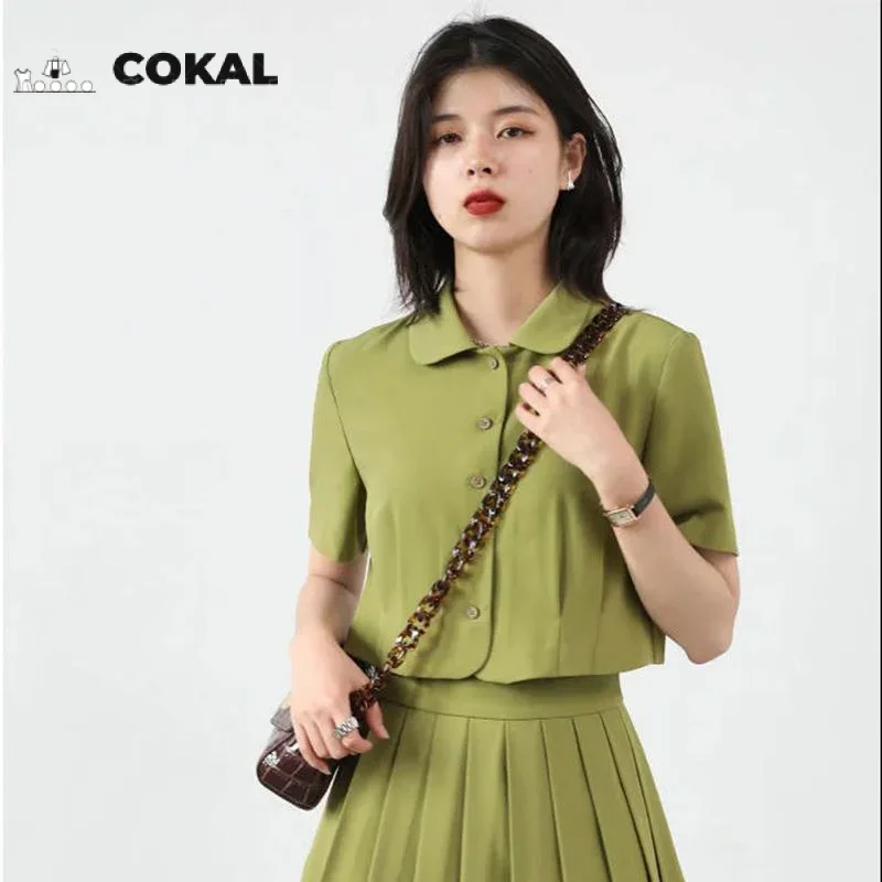

French retro age-reducing college style POLO collar short-sleeved shirt pleated skirt suit women casual fashion