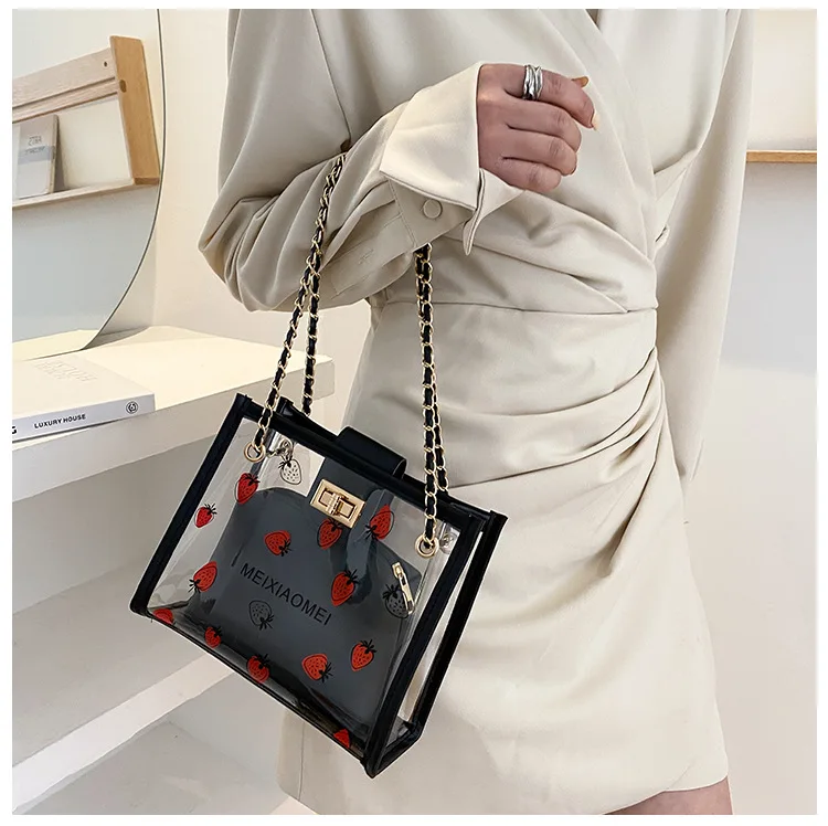 Borsa trasparente alla moda per donna Borsa a tracolla da donna da viaggio trasparente in PVC con borsa Borsa tote ecologica fragola di grande capacità_voghion.com