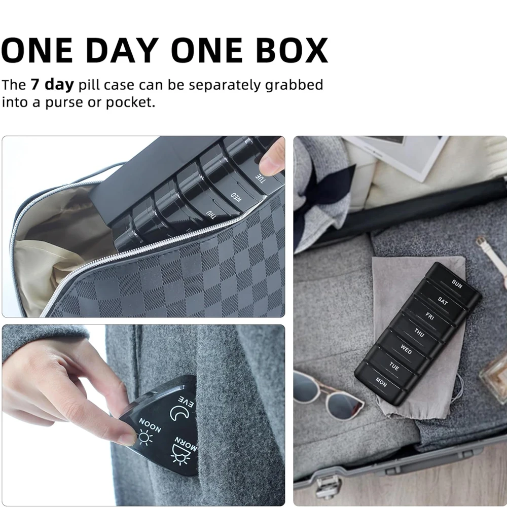 Compact Travel Pill Organizer with 7 Daily Compartments for Vitamins, Supplements, and Medications