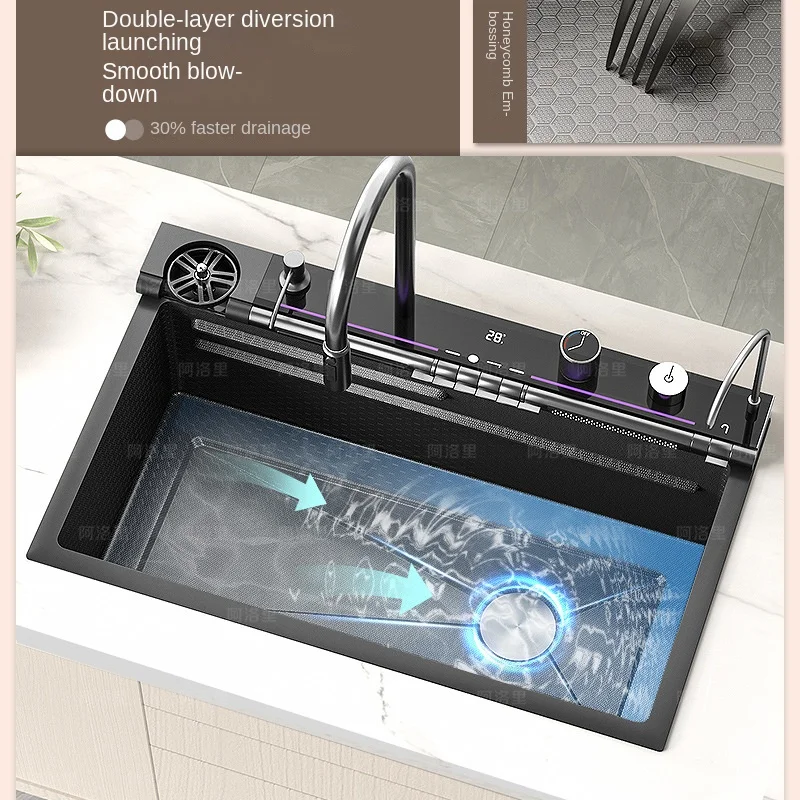 Whale and Rainfall Faucet Sink Nano 304 Stainless Steel Kitchen Basin Single Bowl with Honeycomb Display 4