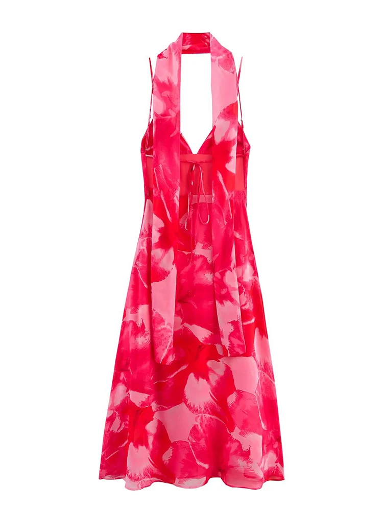 TFMLN Summer Women Romantic Scarf Midi Dress Female Sexy V Neck Backless Slim Printed Sling Dress Fashion Elegant Vacation