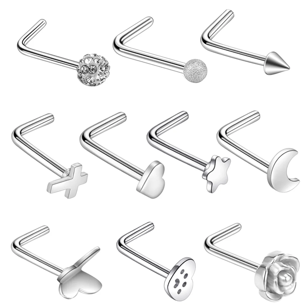 Star Ose 1Pc 0.8X7Mm 20G L Bar Impronta Rose Nose Stud Butterfly Nose Ring Cross Star Nose Piercing Narice Piercing Ear Jewelry