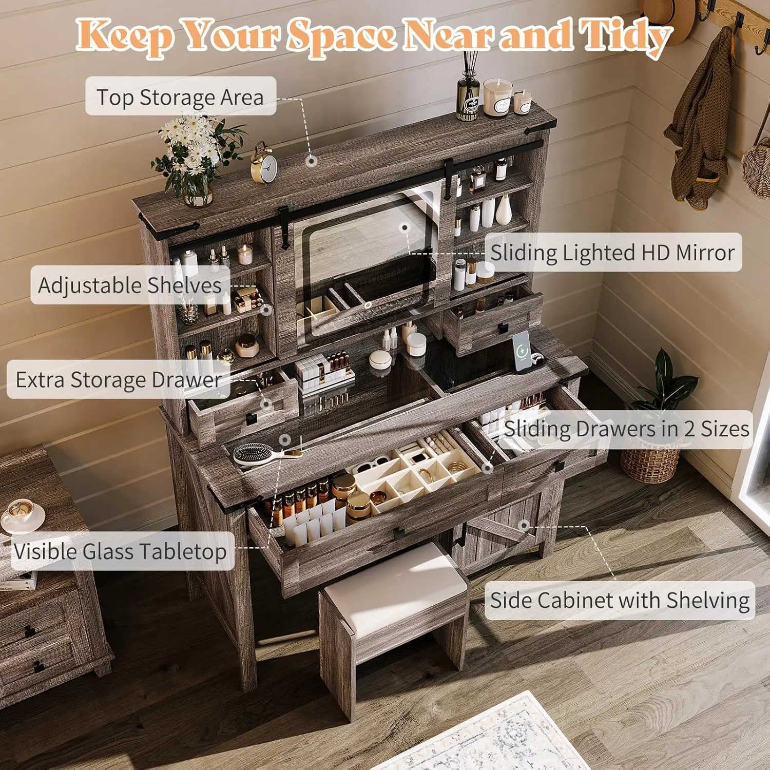 42'' Farmhouse Makeup Vanity Desk with Sliding Mirror and Lights, Glass Tabletop Vanity Table with 2 Drawers & Shelves