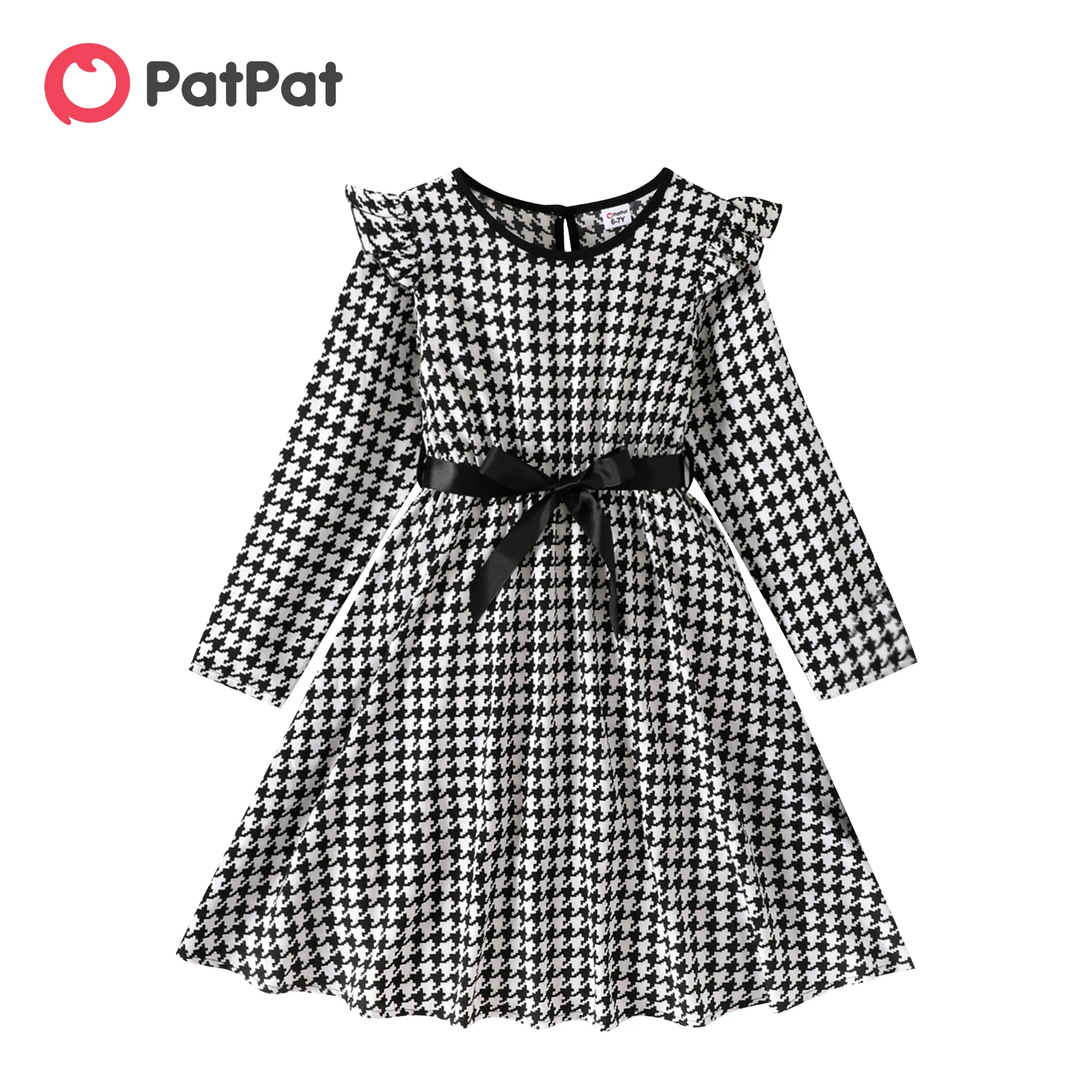 PatPat Kid Girl Dresses Elegant Houndstooth Print Ruffled Belted Long
