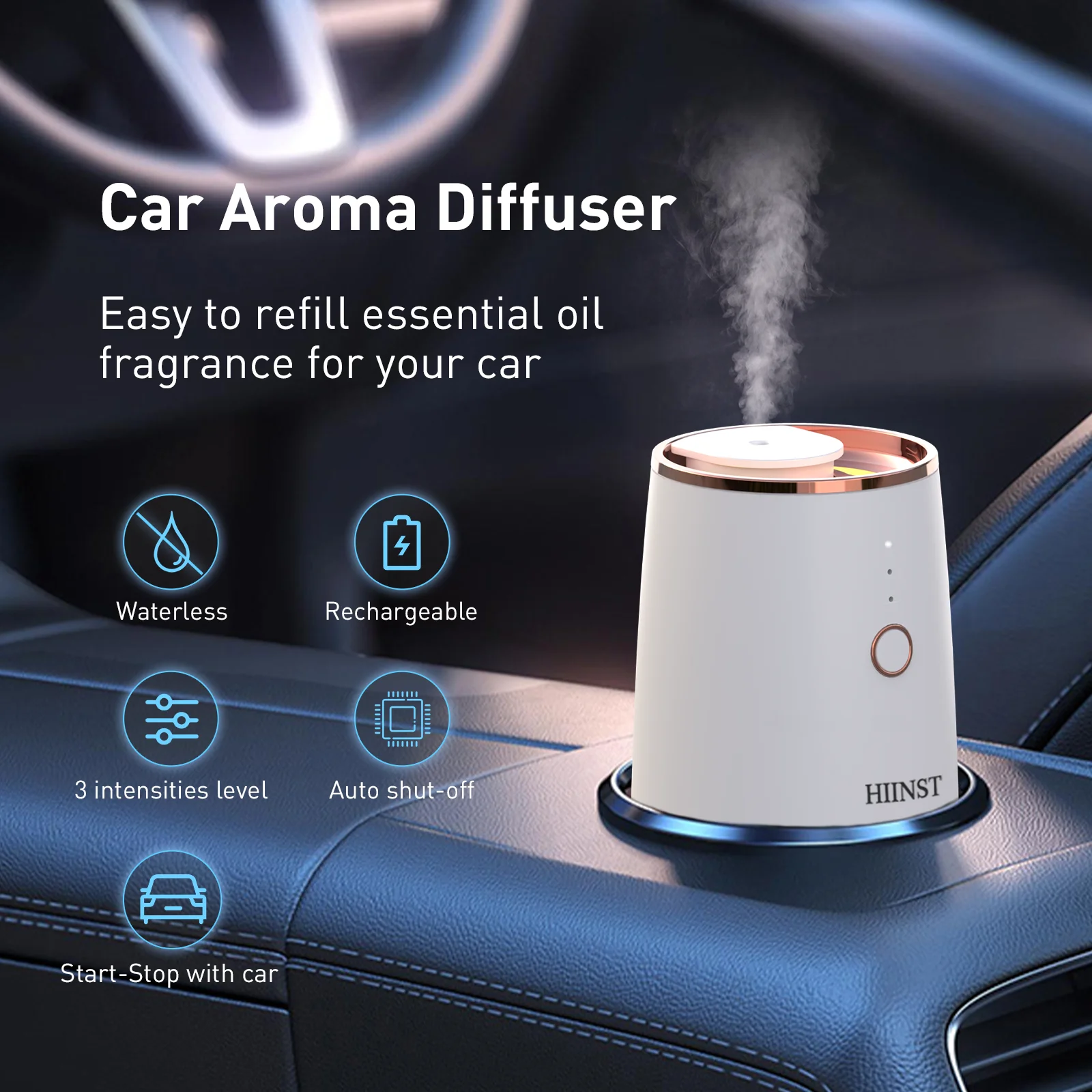 Hiinst Aroma Difusor de Óleo Essencial com Função de Partida-fora Usb Recarregável Carro Ambientador Cores Luzes Perfume Nebulizador