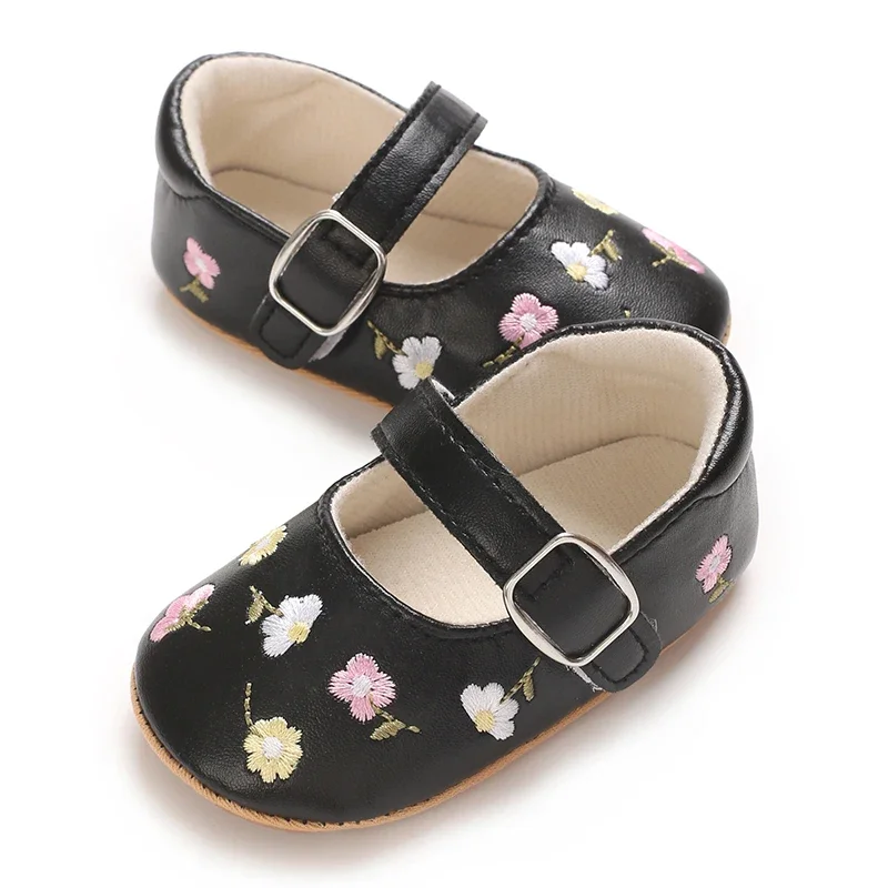 Baby Girls Mary Jane Flats PU Leather Infant Dress Shoes Floral Embroidery Princess Shoes 5