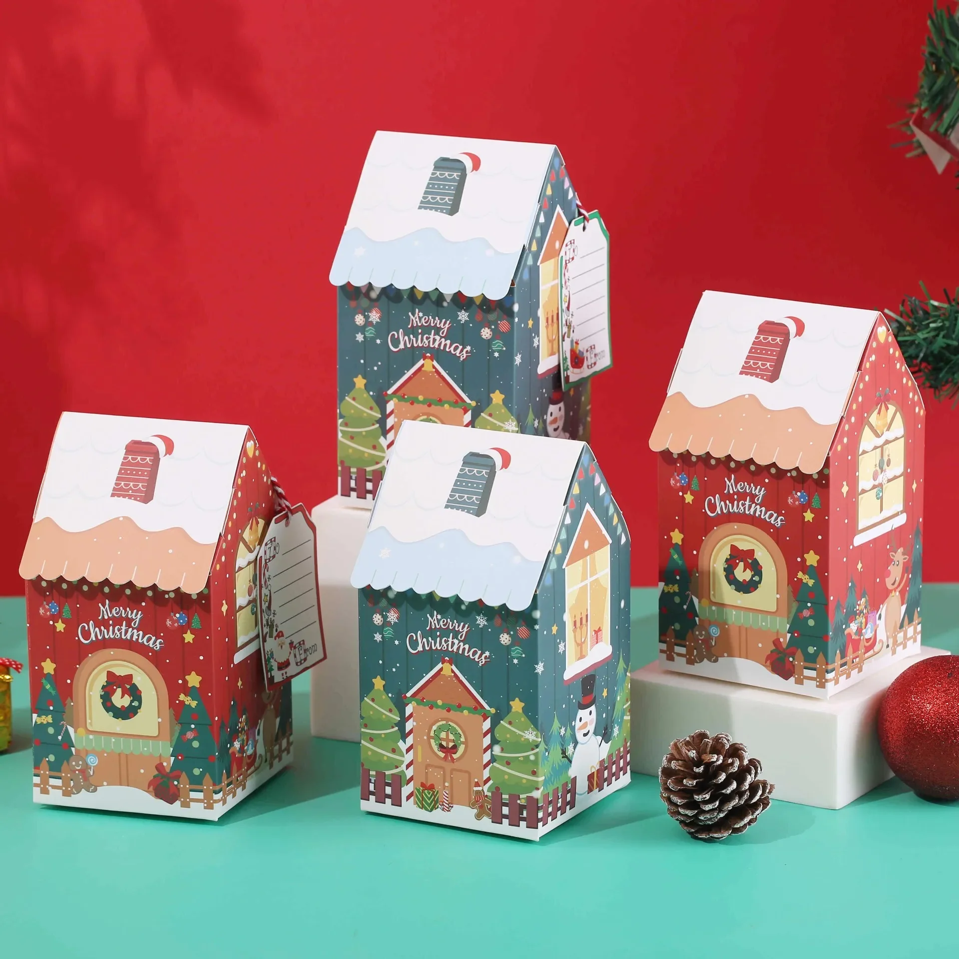 1-60PCS Weihnachten Schneemann Lebkuchen Haus Kleines Haus Süßigkeiten Keks Boxen Bogen Boxen Geschenk Farbe Boxen Weihnachten Dekorationen – Detail 1