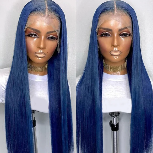 Usmei Dark Blue Straight Lace Front Wig HD Silky Straight Synthetic Lace Wigs Heat Resistant Fiber