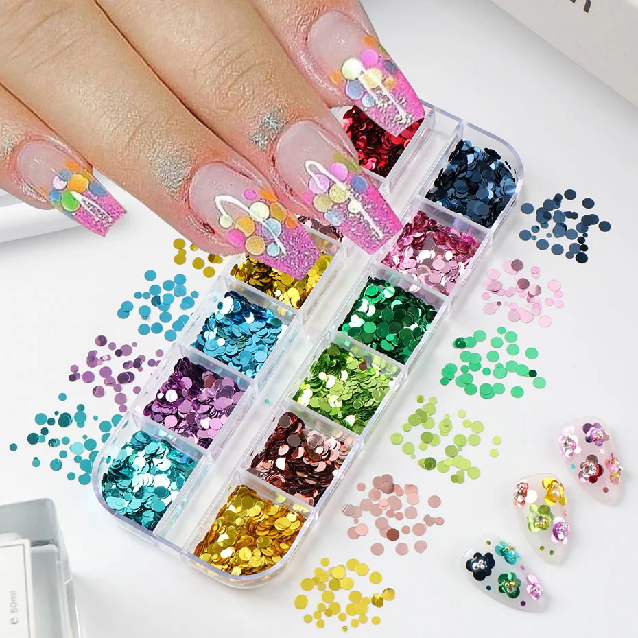 Colorful Polka Dots Nail Glitter Flakes - Shiny Metallic Circle Nail Sequins 12 Grids Set