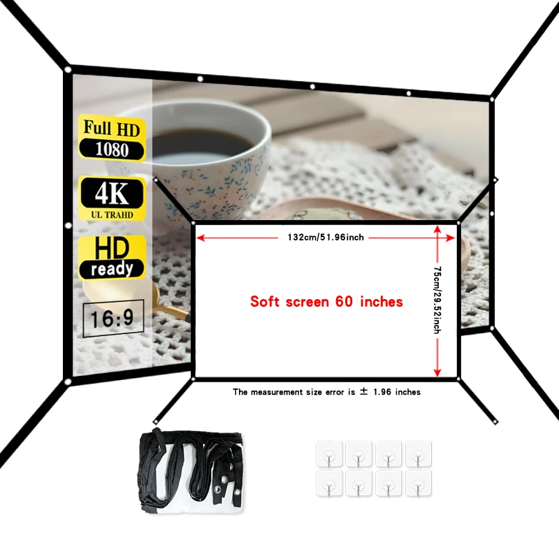 מסך רך לבן נייד ומתקפל בגודל 16:9, 60-150 אינץ 'מסך הקרנה מורחב מותקן על הקיר באיכות גבוהה