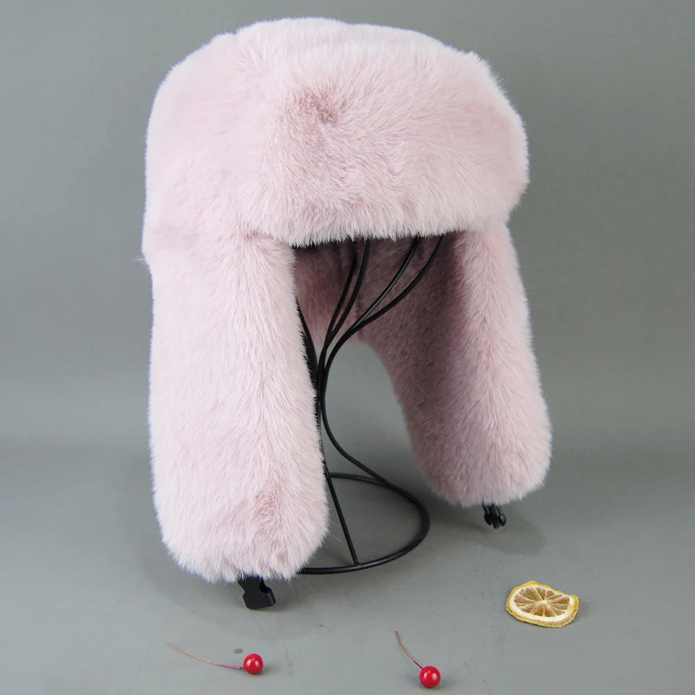 2025 Winter Russian Man Woman White Skin False Rex Rabbit Fur Hats Luxury False Rex Rabbit Fur Cap Unisex False Fur Bomber Hat 5