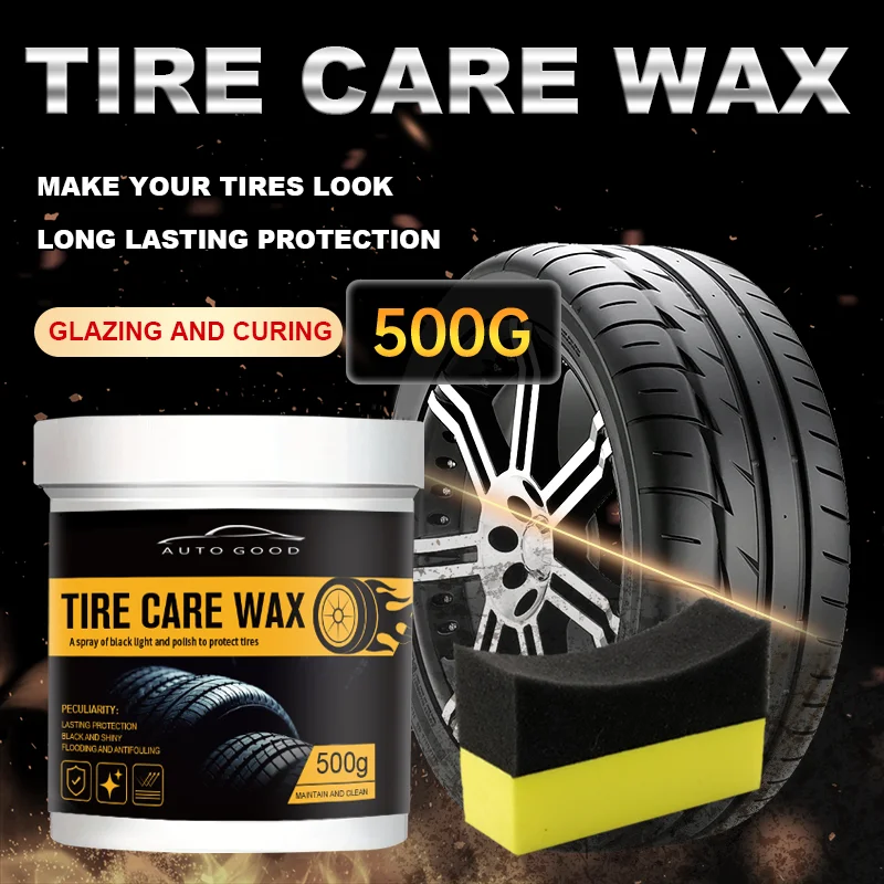 Tire Shine Wax 500g with Special Sponge Blackening Polish Brightener Protecting Maintenance Refurbishing