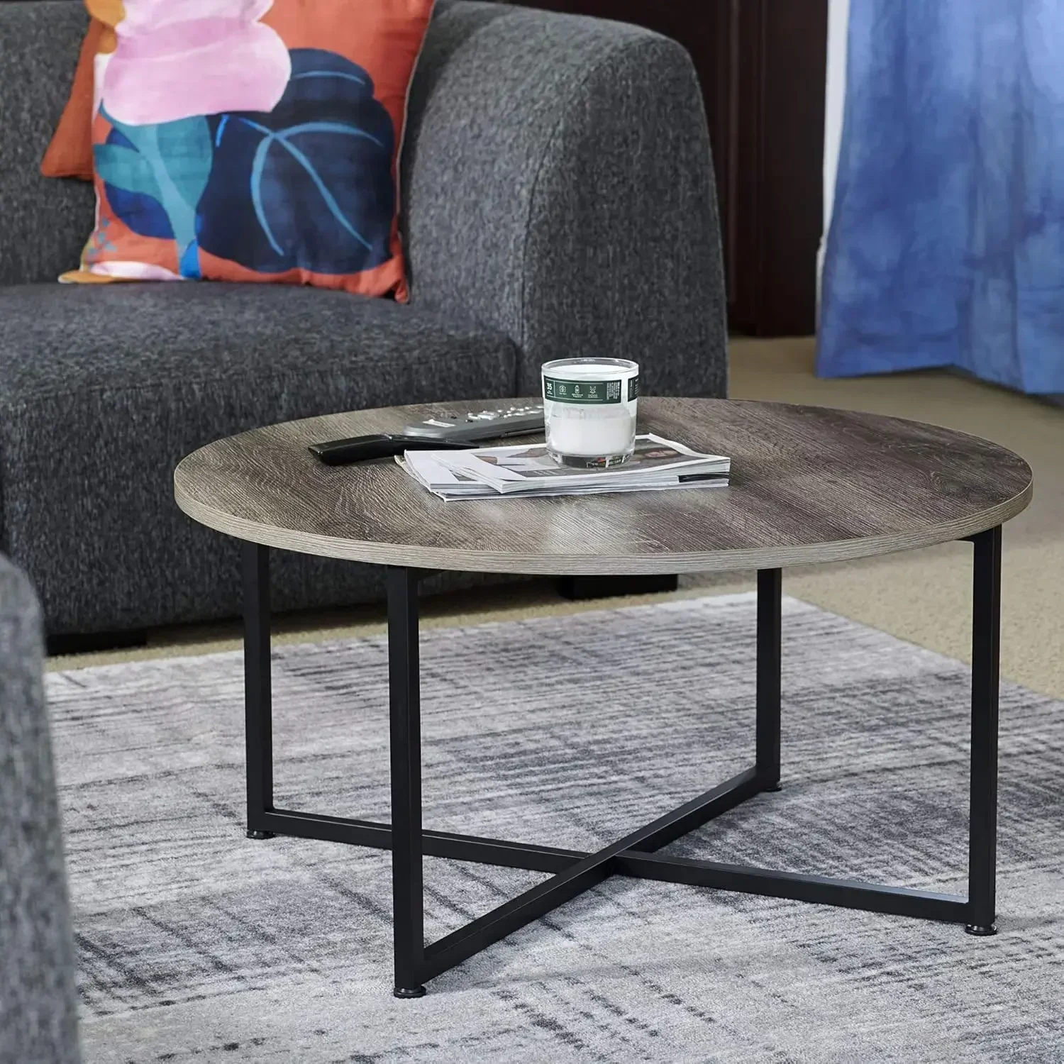 Jamestown Round Coffee Table Ashwood Rustic Wood Grain and Black Metal 31.5 x 31.5, Taupe 4