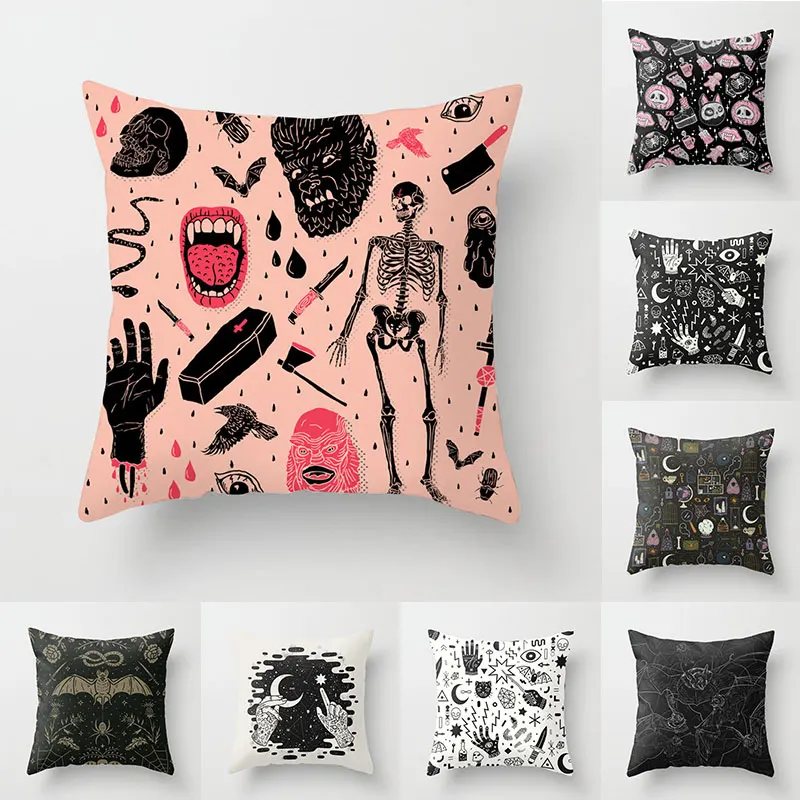 

45x45cm Black Cat Party Halloween Toy Anime Cushion Cover White Ghost Skull Pumpkin Decor Throw European Pillow Cover