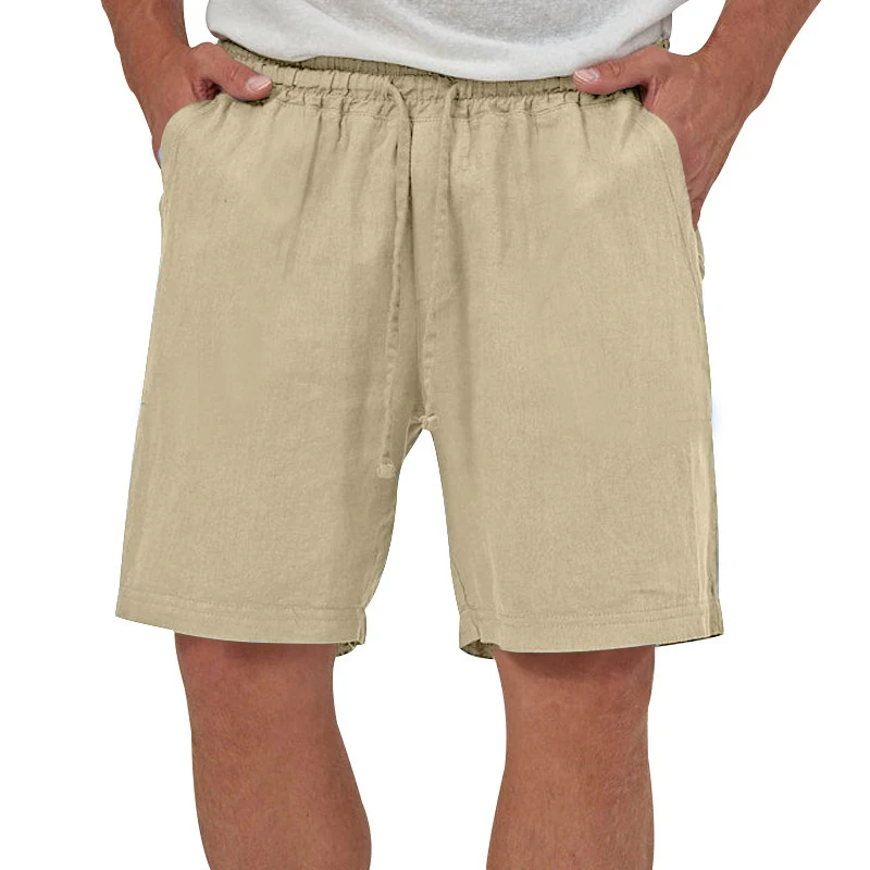 Summer Mens Linen Elastic Shorts Lightweight Cotton Trousers Pockets Breathable Beach Pants Fitness Sweatwear Shorts Men 3