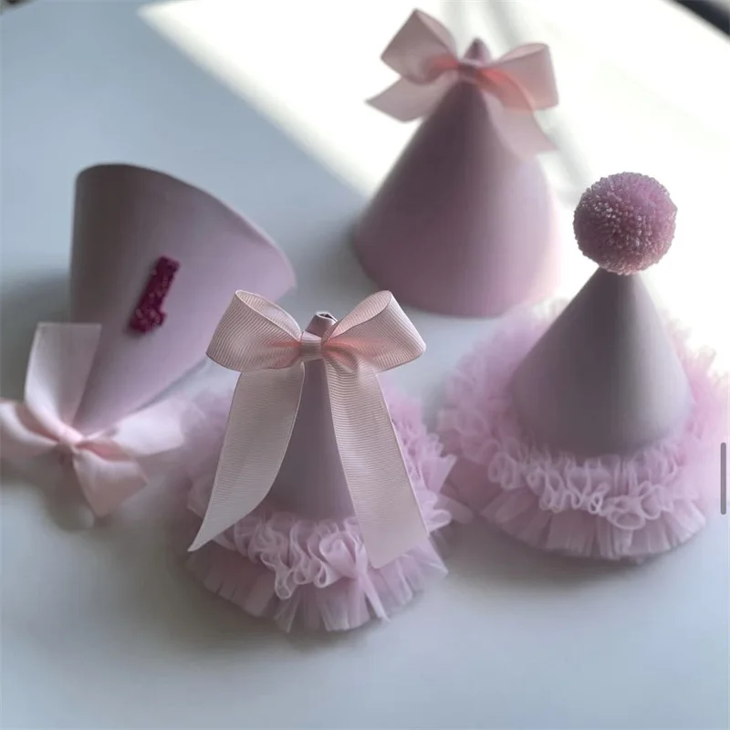 Pink Bow Lacet Cute Women's Birthday Party Hat Korean Style Decorative DIY Fabric Cake Topper Home Goods