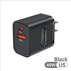 Universal 40W USB - C Fast Wall Charger with EU/US Plug Adapter - US Plug Black