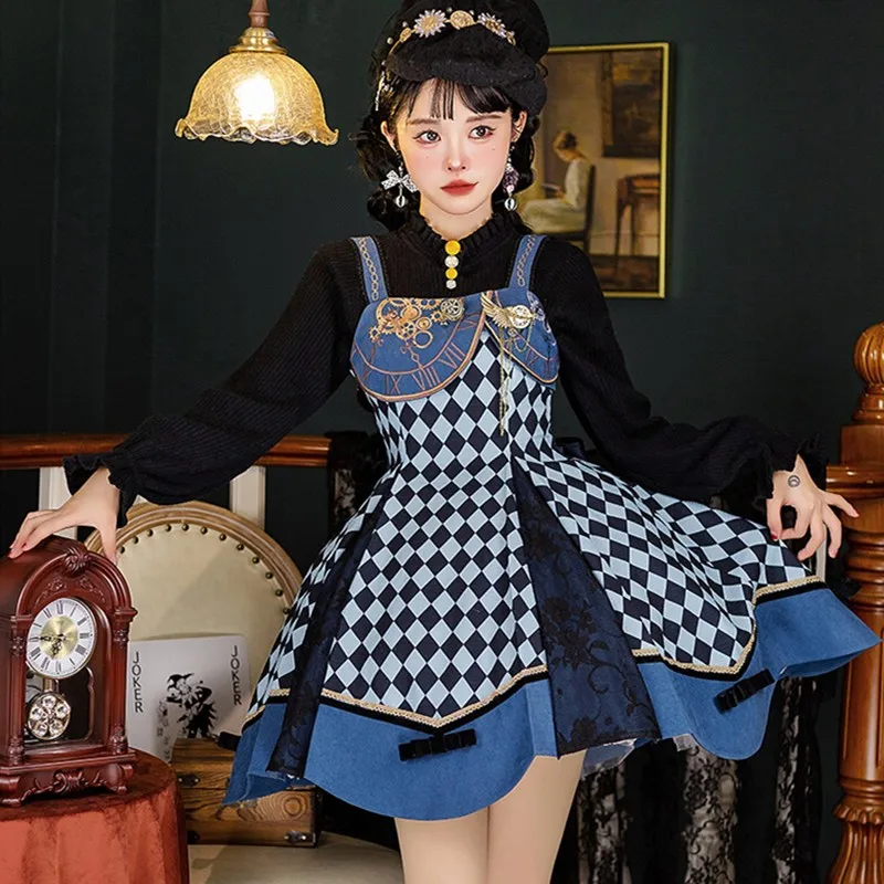 

Fashion Lolita Jsk Rhombus Plaid Dress Embroidered Petal Lolitas Spring Summer Blue High Waist Denim Sexy Lolitas Overalls