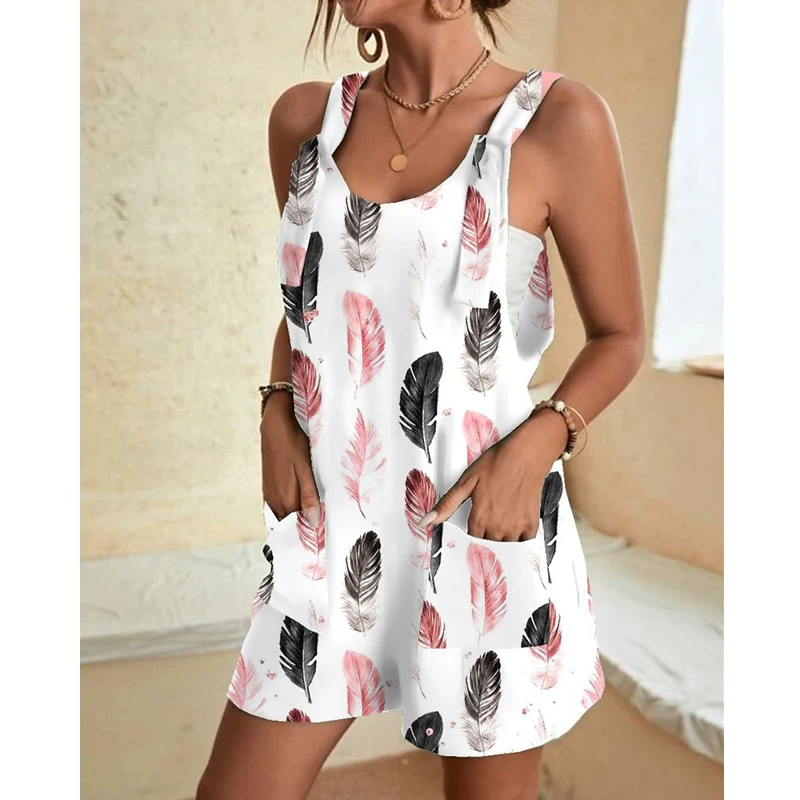Women Y2K Casual Streetwear Loose Jumpsuit Shorts Summer Trendy Sexy Sleeveless Pockets Beach Romper Print Overalls Ropa Outfits