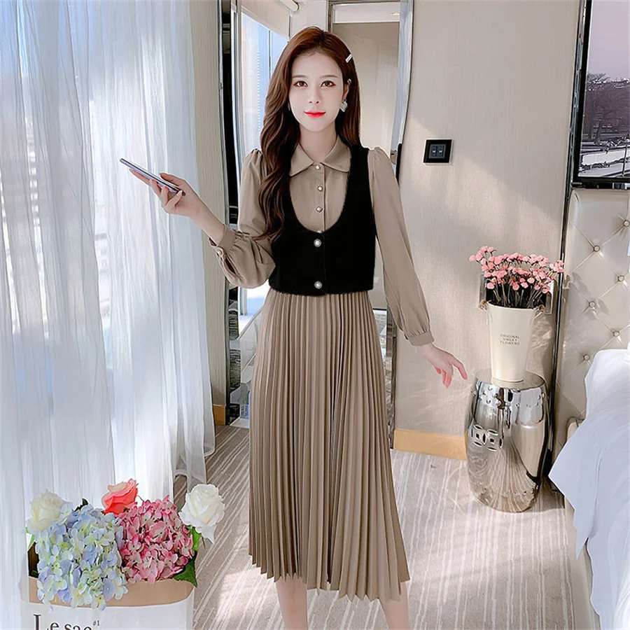 

Chic Sleeveless Pullover 2022 Autumn Mid-length Knitted Sweater Vest Floral Shirt Dress 2 PC Set For Women