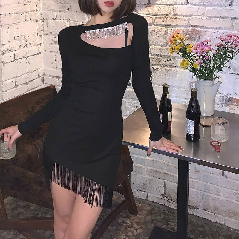 

2024 Spring Hollow Out Sexy Elegant Tassel Mini Party Dress Woman Clubwear Bodycon Skinny Stretchy Prom Vestido Female