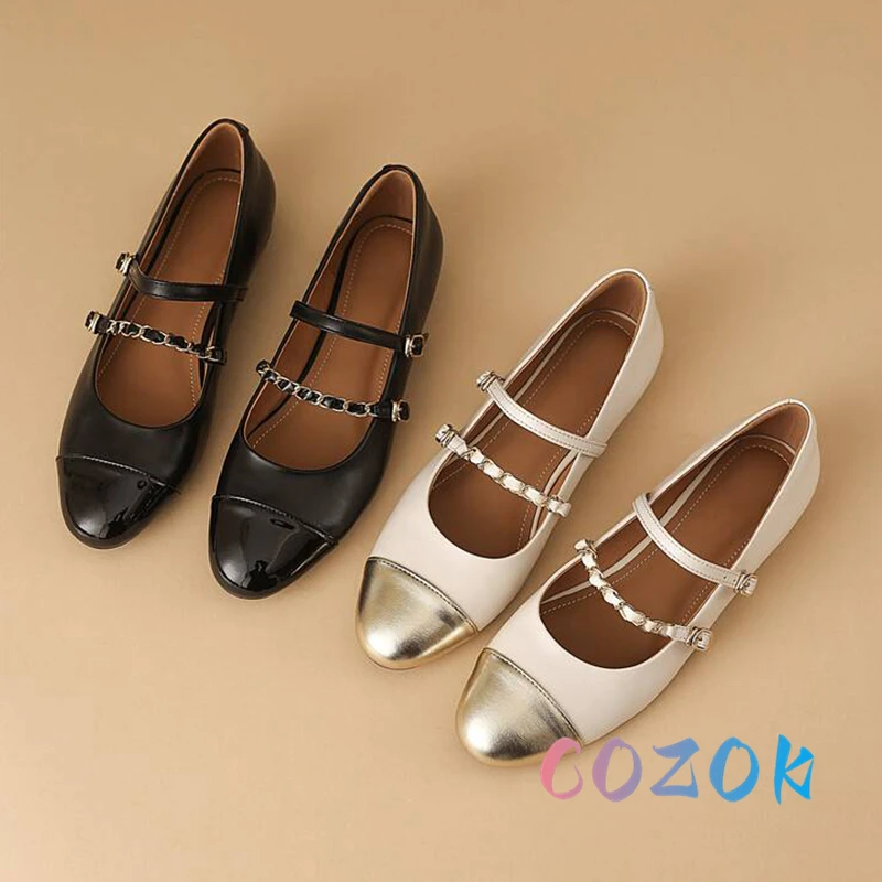 Fashion Patent Leather Stitching Metal Chain Double Front Strap Ballet Flats Round Toe Women Soft Soled Dress Shoes Summer 4