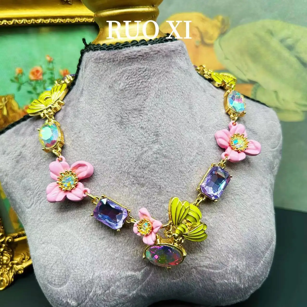 Vintage Enamel Bee Butterfly Flower Earrings Necklace  Women Teen Girls Jewelry Sets