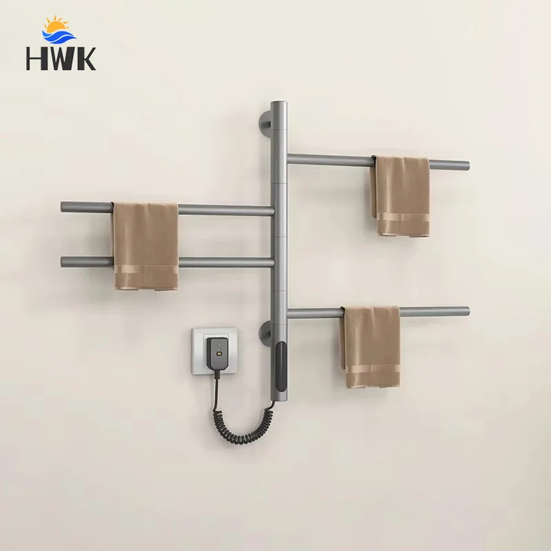 สีเทาชั้นวางผ้าขนหนูไฟฟ้าสําหรับห้องน้ําสมาร์ทอุณหภูมิควบคุมเวลาไฟฟ้าอุ่นราวแขวนผ้าในครัวเรือน Rotatable ผ้าเช็ดตัวอุ่น 1