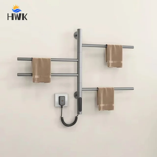 สีเทาชั้นวางผ้าขนหนูไฟฟ้าสําหรับห้องน้ําสมาร์ทอุณหภูมิควบคุมเวลาไฟฟ้าอุ่นราวแขวนผ้าในครัวเรือน Rotatable ผ้าเช็ดตัวอุ่น 1