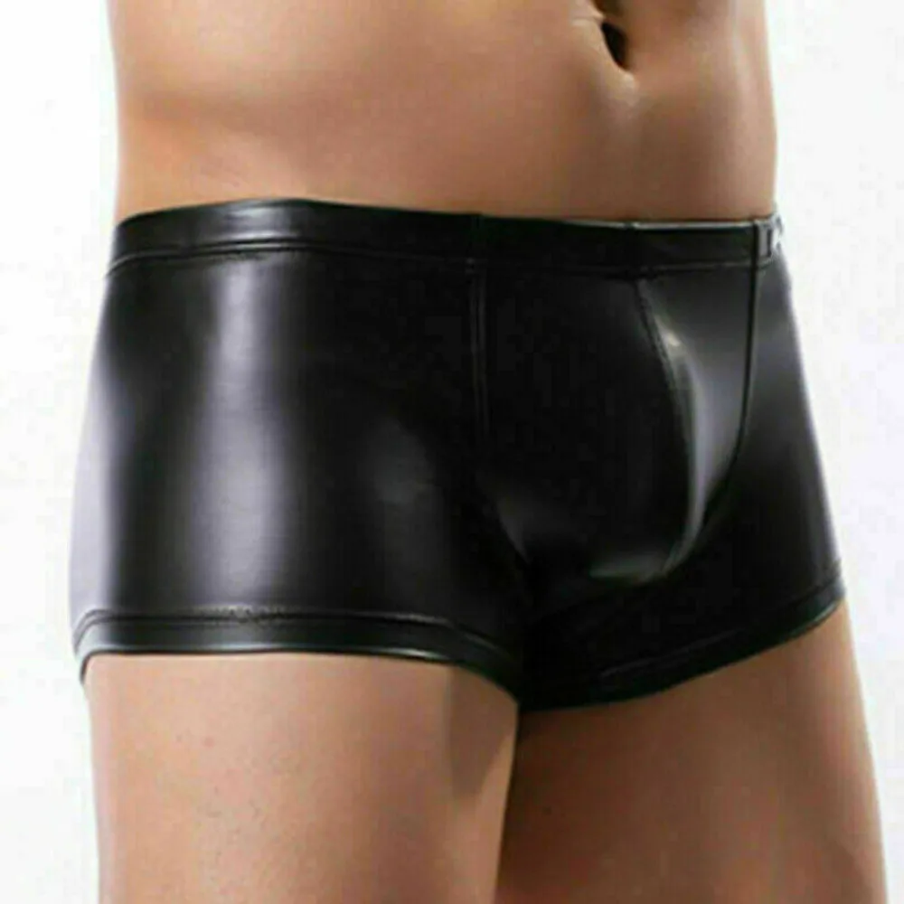 Men Underwear Leather Boxer Briefs Black Tight Trunks Sexy U Convex Pouch Lingerie Underpants Bandage Metal Panties