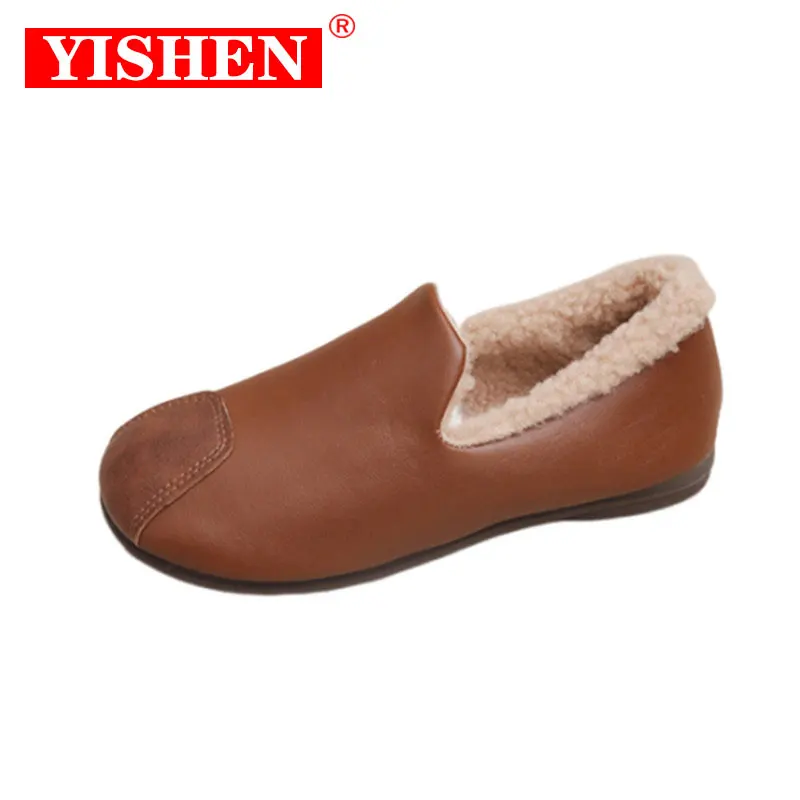 

YISHEN Flat Shoes Women Casual Leather Retro Winter Lightweight Fashion Comfy Slip-on Warm Shoes Loafers Ladies Pisos Para Mujer