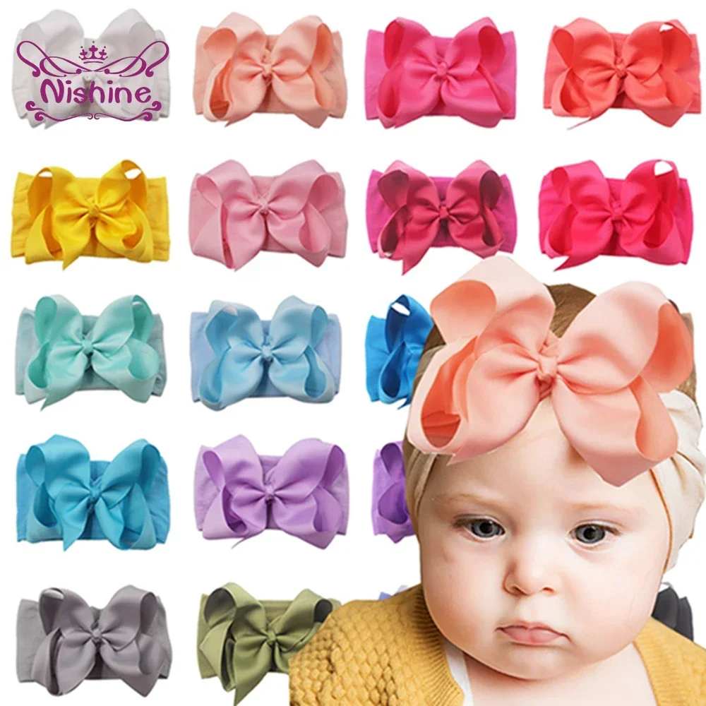 Nishine 6 Solid Color Grosgrain Ribbon Big Bowknot Baby Girls Headband Soft Elastic Wide Nylon Hairband Infant Headwear Gifts