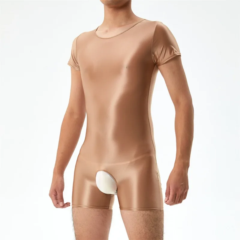 Onesie Glossy Satin Playsuit Romper Men Pajama Open Crotch Slim Fit See Through Short Sleeve Men's Jumpsuit Sexy Sheer Sleepwear