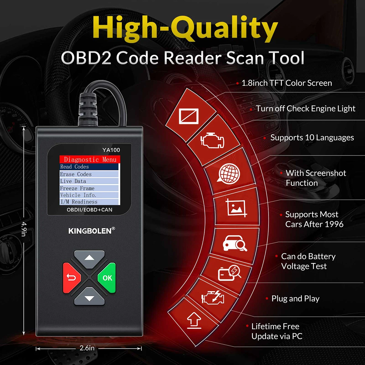 2025 KINGBOLEN YA100 OBD2 Scanner Auto Diagnostic Tools OBDII EOBD Code Reader For 12V Car DiagnosIs 3