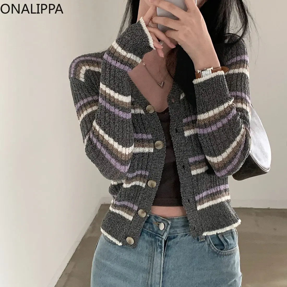 Onalippa 빈티지 스트라이프 니트 크롭 가디건, V넥 싱글 브레스트 긴팔 탑, 한국 패션 대비 가디건