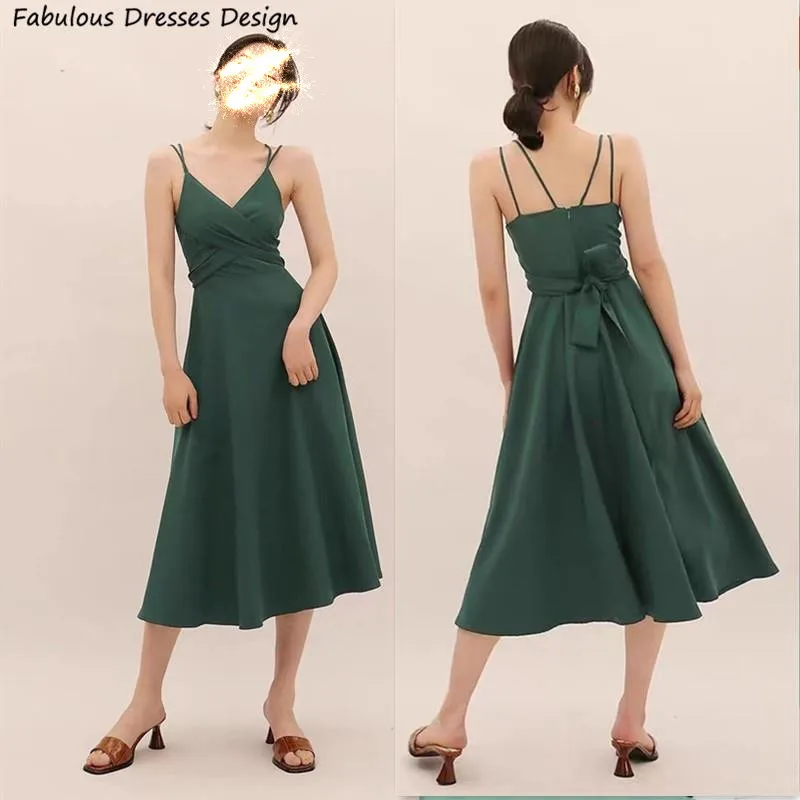Pleated A-line Spaghetti Straps V-neck Dresses Dusk