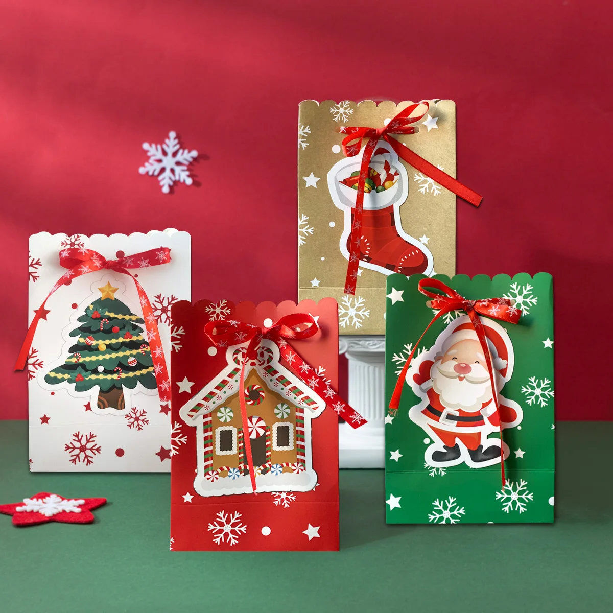 

8pcs/set Christmas Gift Bags for Present Cookies Candy Sweets with Ribbon Cartoon Packaging Paper Packing Bags