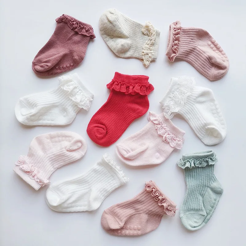 2025 New Baby Girl Sweet Lace Socks Anti Slip Adhesive Point Solid Color Cotton Infant Girls Sock Breathable Kids Girls Floor