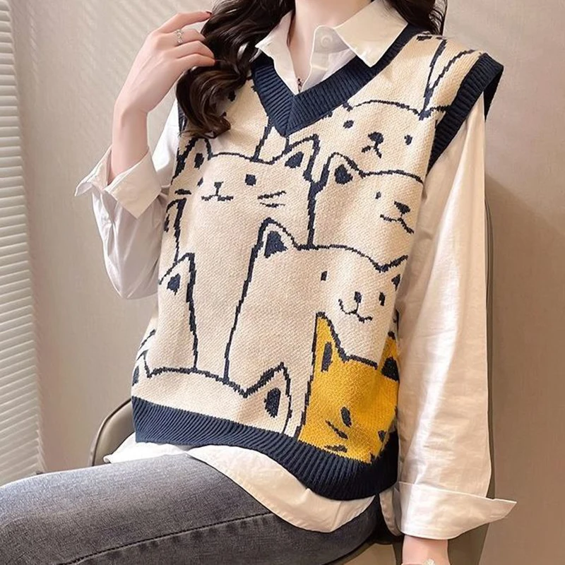 

ITOOLIN Autumn Women Cat Printed Cute Sweater Vest Knit V-Neck Casual Sleeveless Pullovers For Women Streetwear Sweater Vest