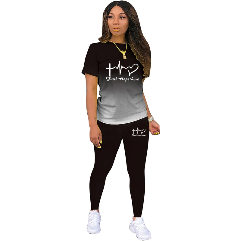 Faith Hope Love Printed Women's  2 Piece Set Jogging Suit Summer Fashion Casual Tshirt+Long Pant Female Sexy Outfits Set