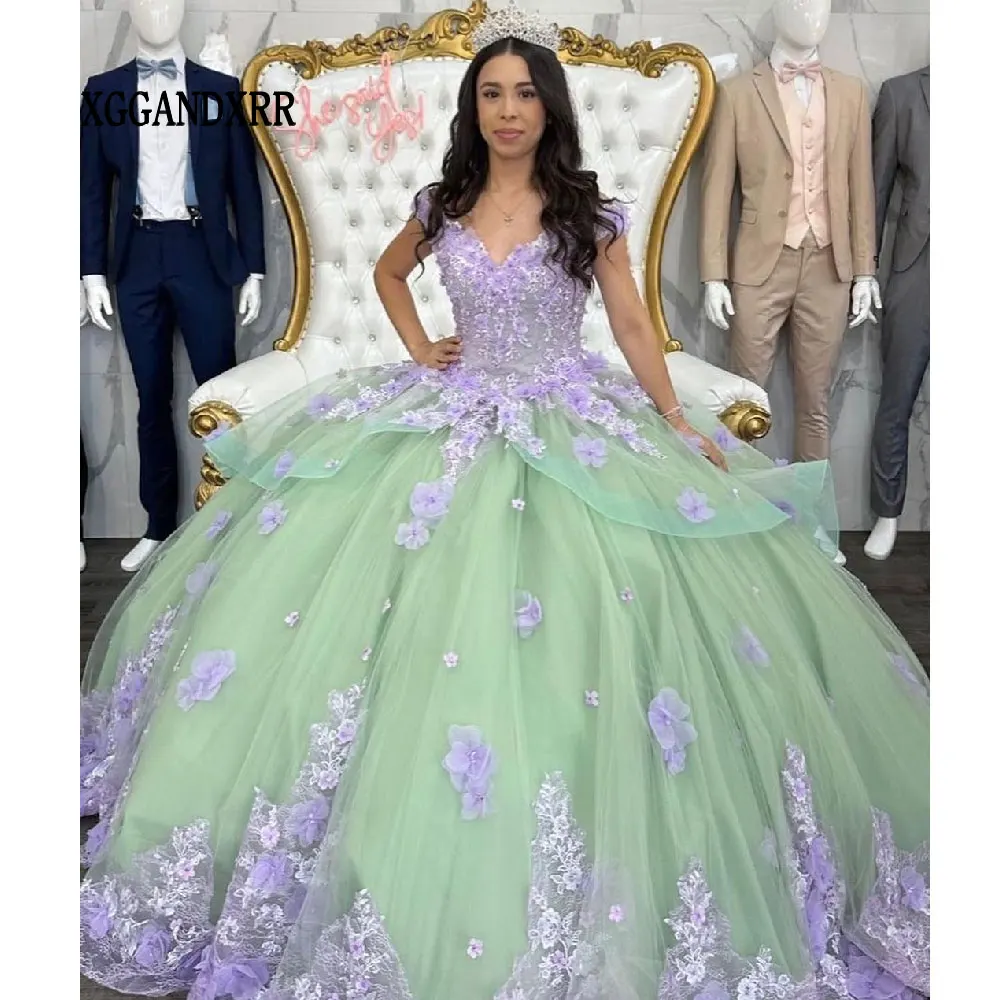 

Зеленое бальное платье Quinceanera 2024 милое кружевное платье с V-образным вырезом и аппликацией 16 Vestidos De 15 Quinceañera Пышная юбка принцессы