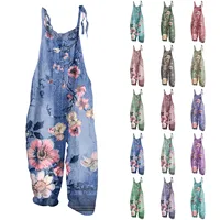 Women Jumpsuits Summer Overalls Boho Vintage Print Square Neck Sleeveless Casual Rompers Pockets Wide-Leg Pants Womans Playsuit - Image 2