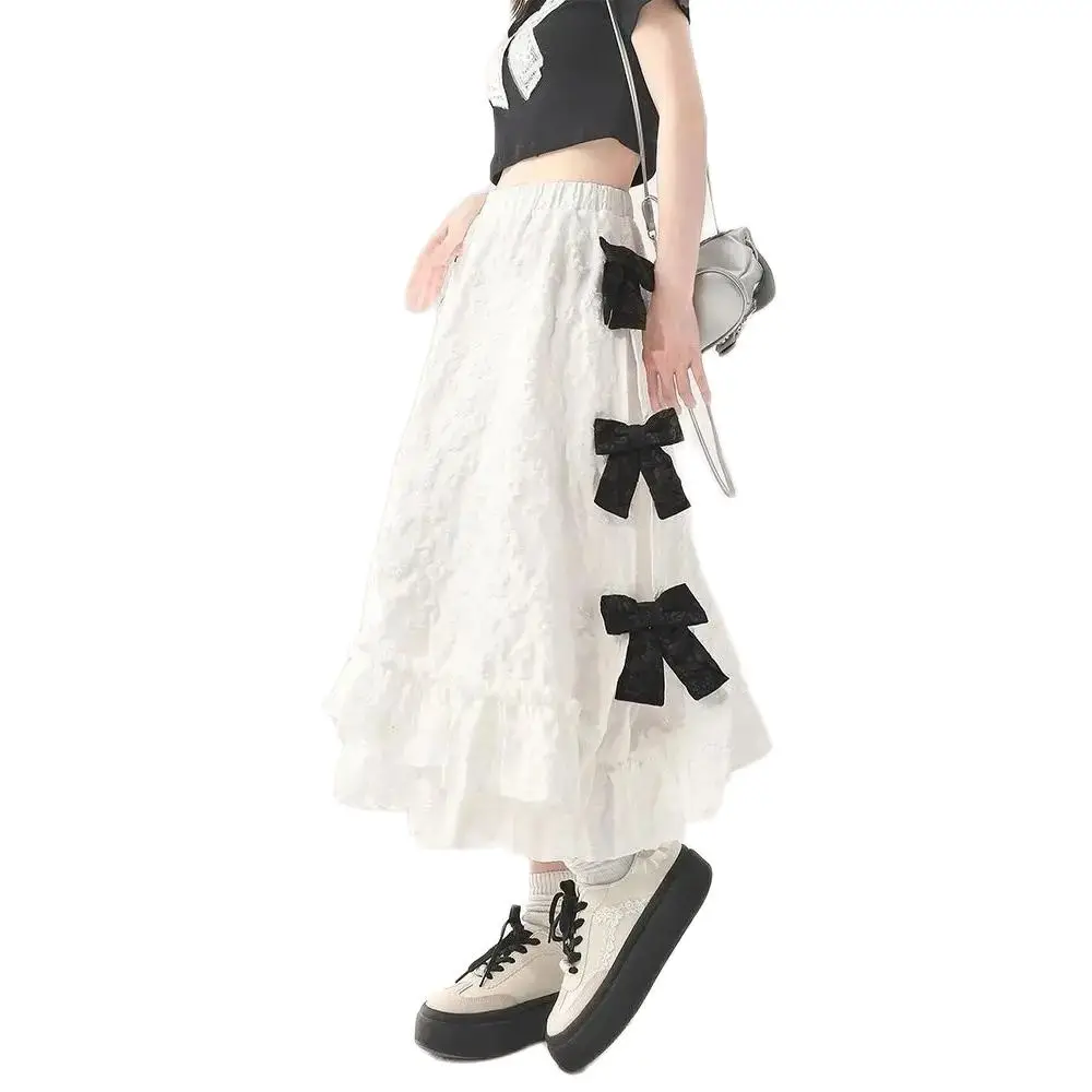 

Sweet Girl Skirt White Bow Half For Women Spring And Summer New High Waisted Lace American Retro Slimming Niche Skirt