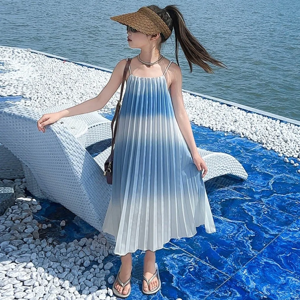 Sleeveless Children Beach Vacation Skirt Holiday Ruffled Kids Suspenders Pleated Dress Princess Gradient Color