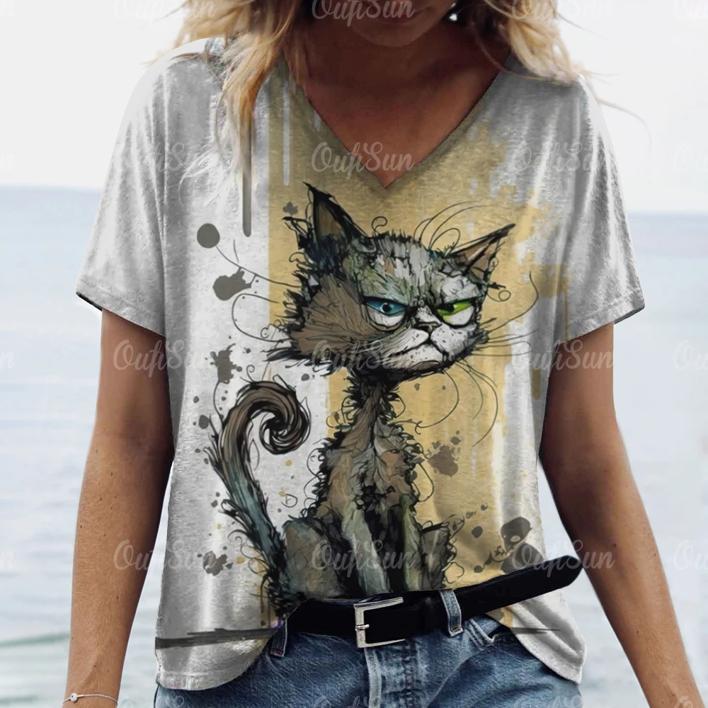 Animal T-Shirt For Women Cat Print Summer Short Sleeve